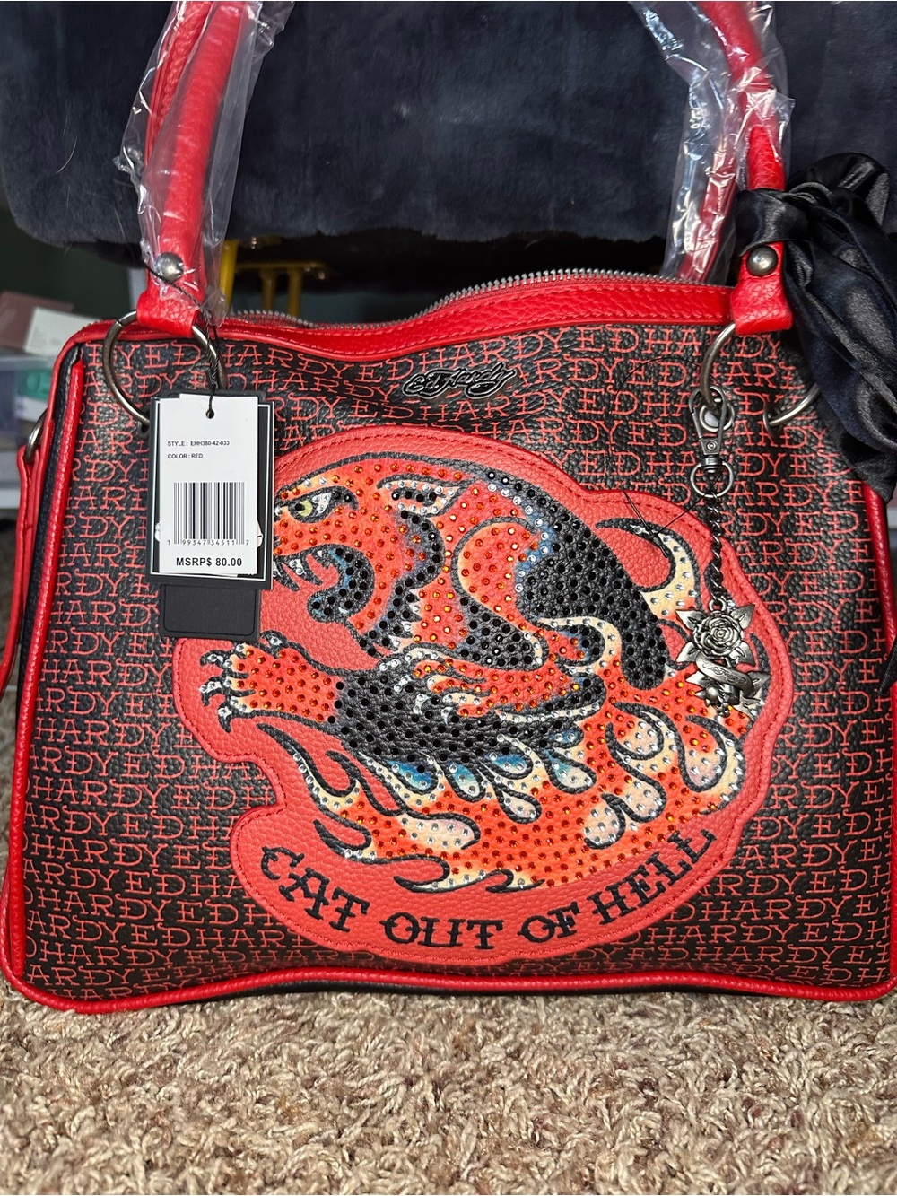 Ed Hardy Red and Black 'Cat Out of Hell' Studded Satchel